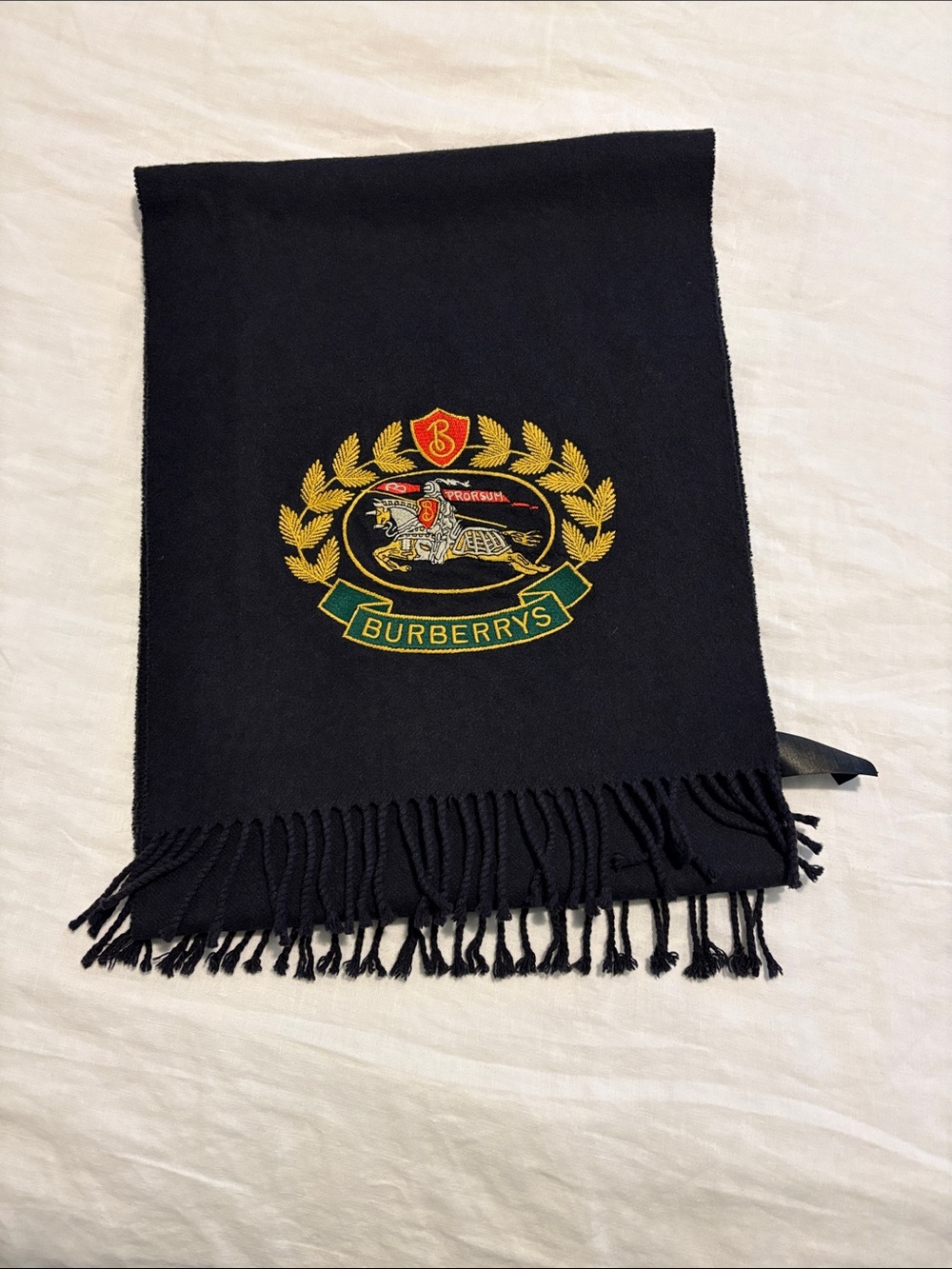 Burberry Navy Scarf with Gold and Green Crest Embroidery